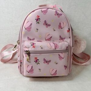 Pink Butterfly Mini Backpack Floral Pom Pom Key Chain Girls Teens Toddler